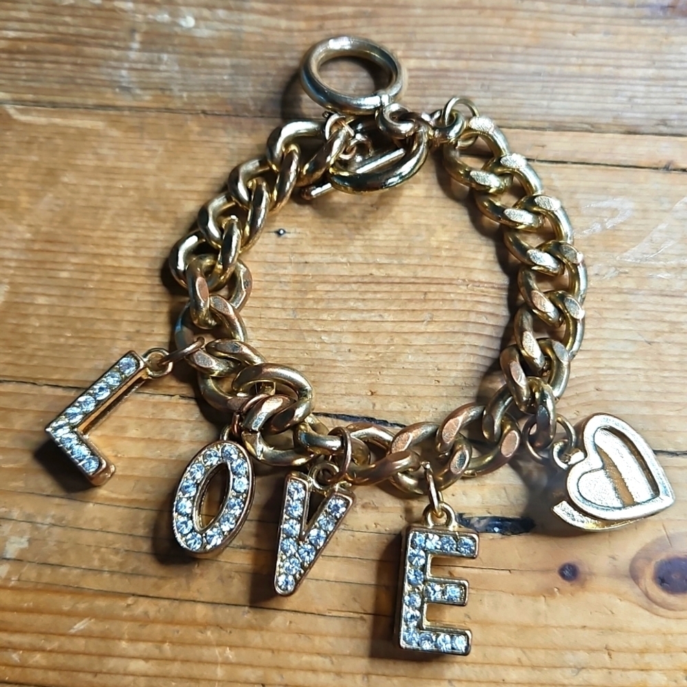 Vintage Gold Tone Love Charm Bracelet